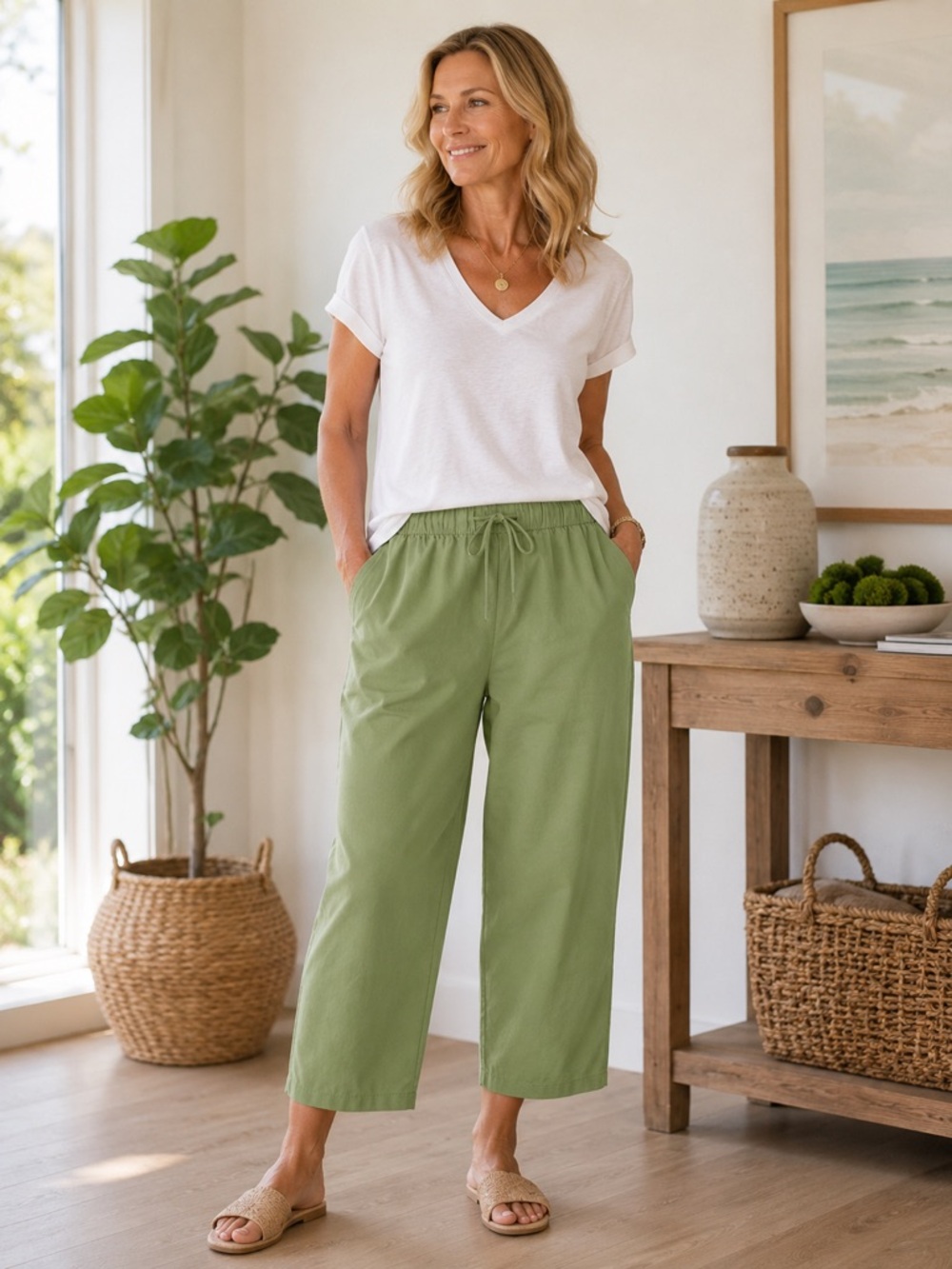 Reel Legends Olive Green Wide-Leg Crop Pants
